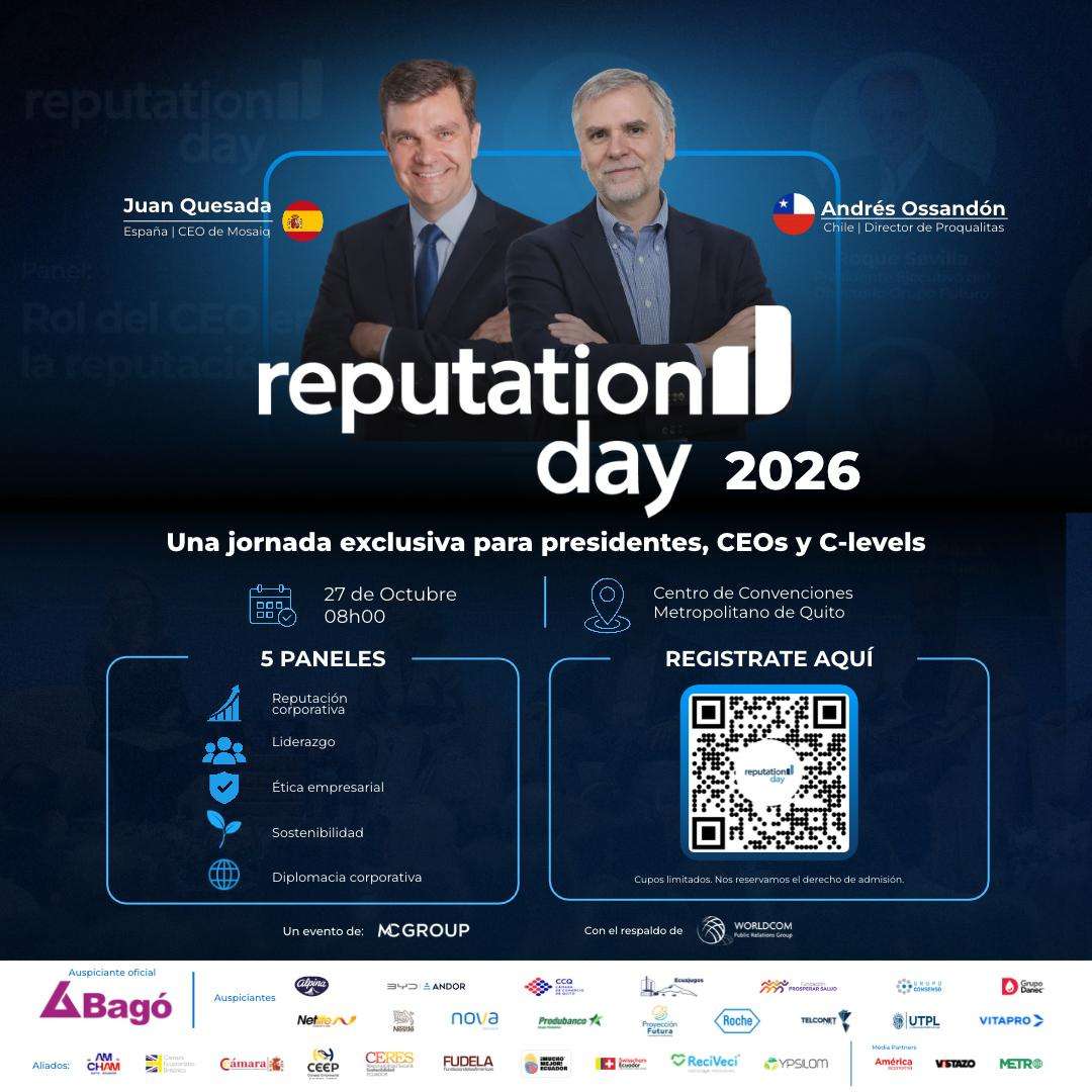 Afiche oficial del evento Reputation Day 2026 en el Centro de Convenciones Metropolitano de Quito con ponentes y temáticas del programa
