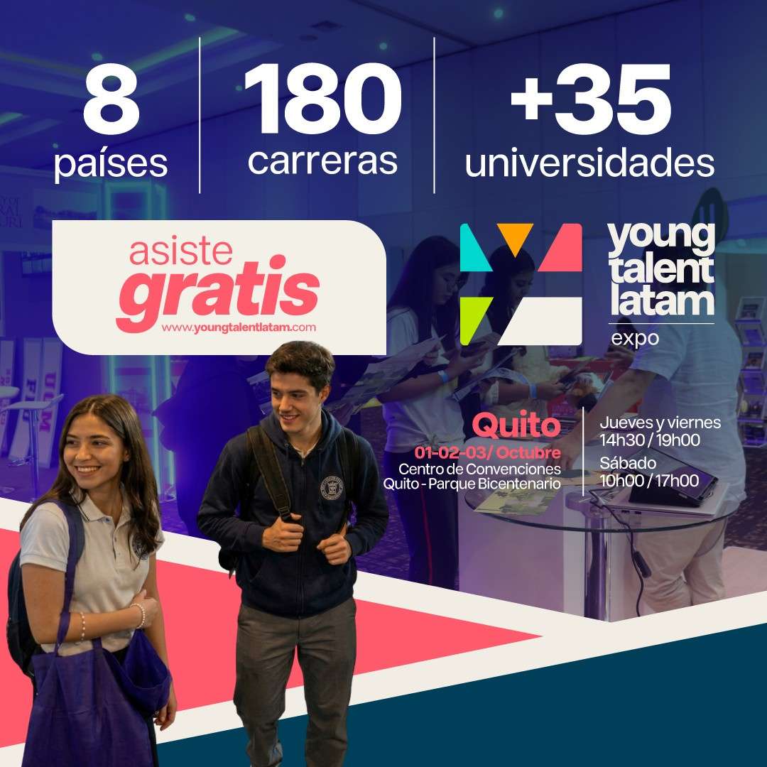 Afiche publicitario de la Young Talent LATAM Expo en el Centro de Convenciones Metropolitano de Quito con fechas y horarios